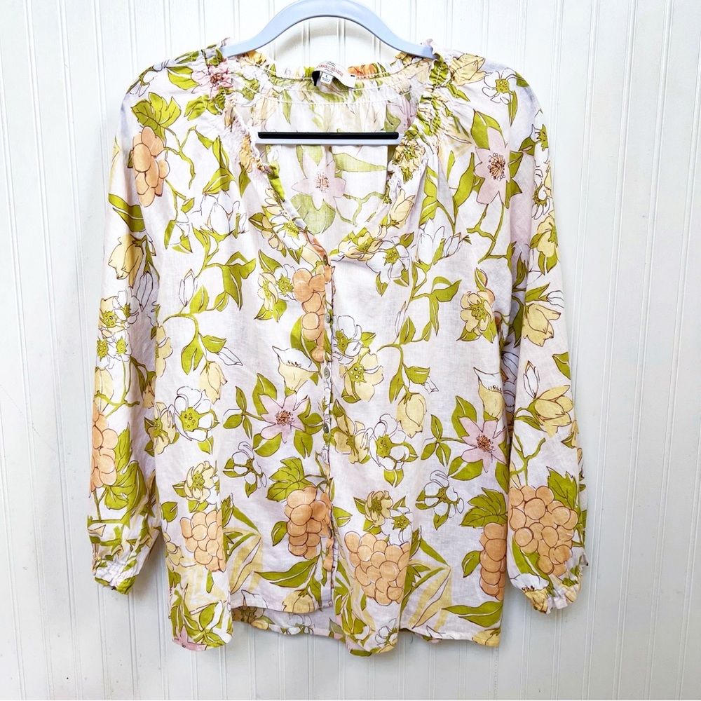 Casacabana Cream & Yellow Floral Linen Blend Popover Blouse Women’s Size Large